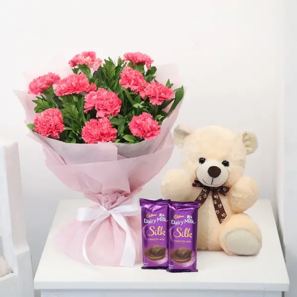 Pink Carnation Bunch & Chocolate Teddy